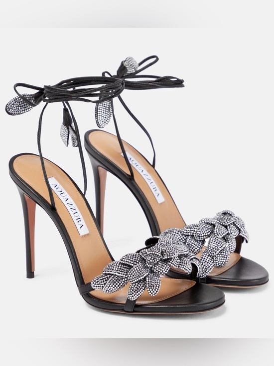 Aquazzura Shoes - Aquazzura Galactic Flower 105 Leather Crystal Rhinestone Wrap Tie Sandals